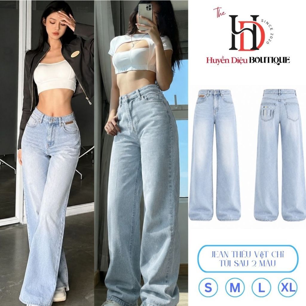 (Size S-XL) Quần Jean Nữ Ống Suông Xanh Trơn Thêu Túi Sau 103cm Cạp Cao Chất Mềm Mịn – J905 – HuyenD