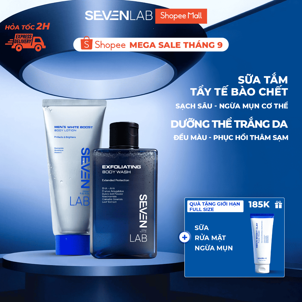 Combo sữa tắm tẩy tế bào chết và sữa dưỡng thể trắng da nam SEVENLAB giúp ngăn ngừa mụn lưng, cơ thể