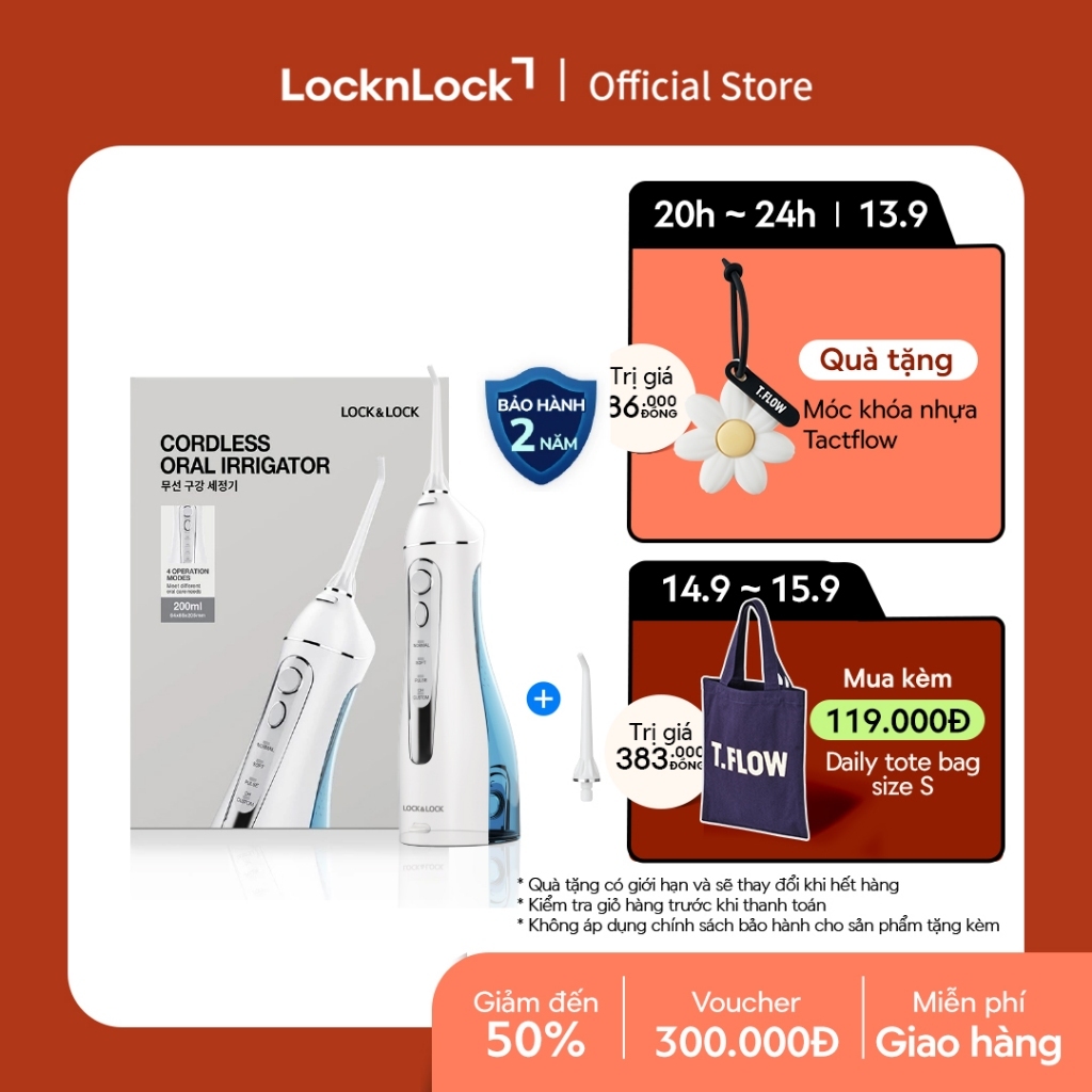 Máy tăm nước không dây 4 chế độ dùng được răng niềng Lock&Lock Cordless Oral Irrigator 200ml - Màu x