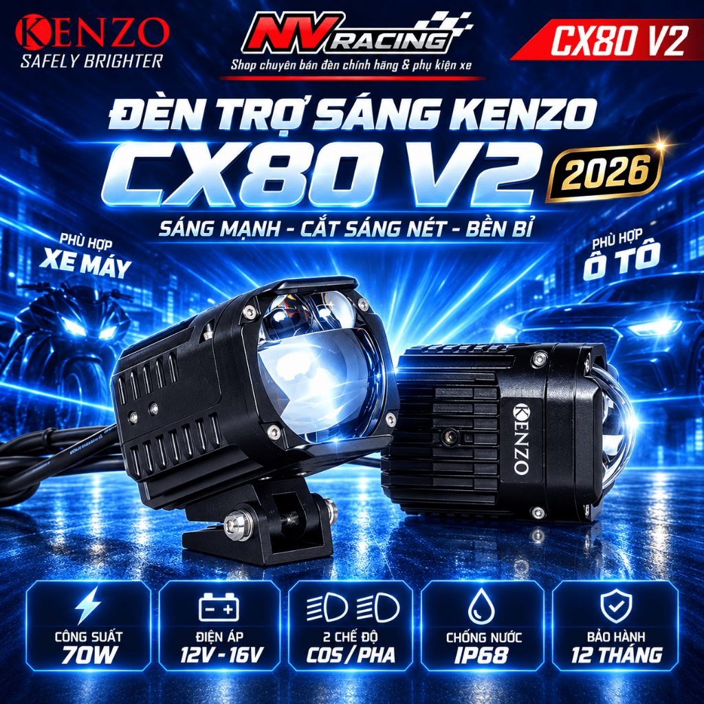 Kenzo CX80 2026 Đèn Bi Cầu Trợ Sáng Kenzo CX80 2026 70W Có Fan Tản Nhiệt Fix Hấp Hơi Nước - BH 1 Năm