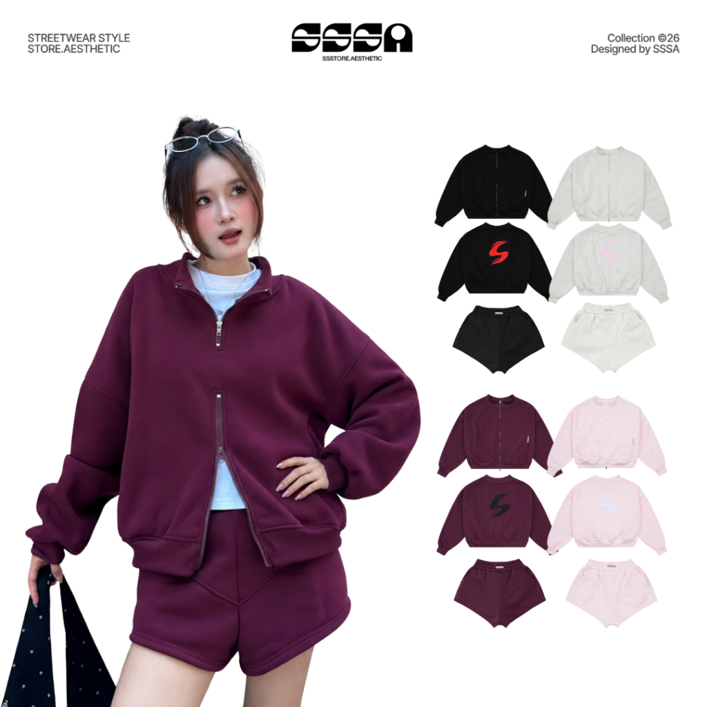Set Bộ Nỉ Sweater Zip 2 Chiều Logo Thêu Boxy, Quần Short Nỉ Freesize Form Rộng Nhiều Màu SSSTore.Aesthetic