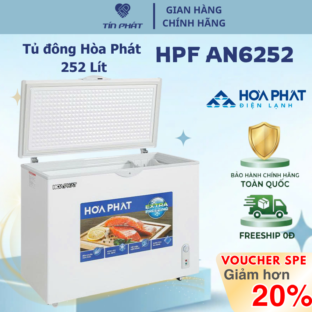 [Miễn phí giao lắp HN]  Tủ đông Hòa Phát 252 LÍT HPF AN6252 (1 NGĂN 1 CÁNH) - DÀN LẠNH NHÔM - Hàng c