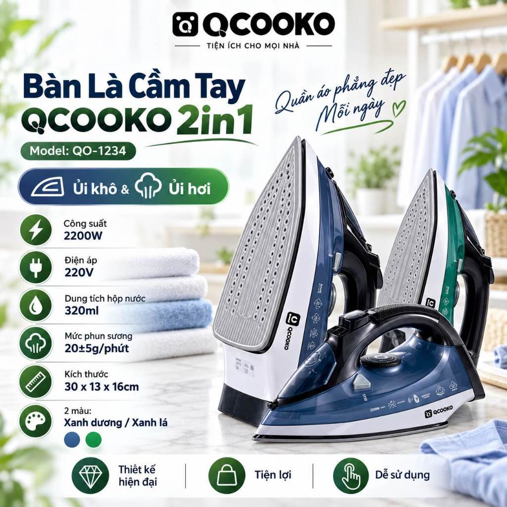Bàn Ủi Hơi Nước Cầm Tay QCOOKO Công Suất 2200W, bàn là hơi nước CAO CẤP đế gốm, 2 chế độ ủi khô & ủi