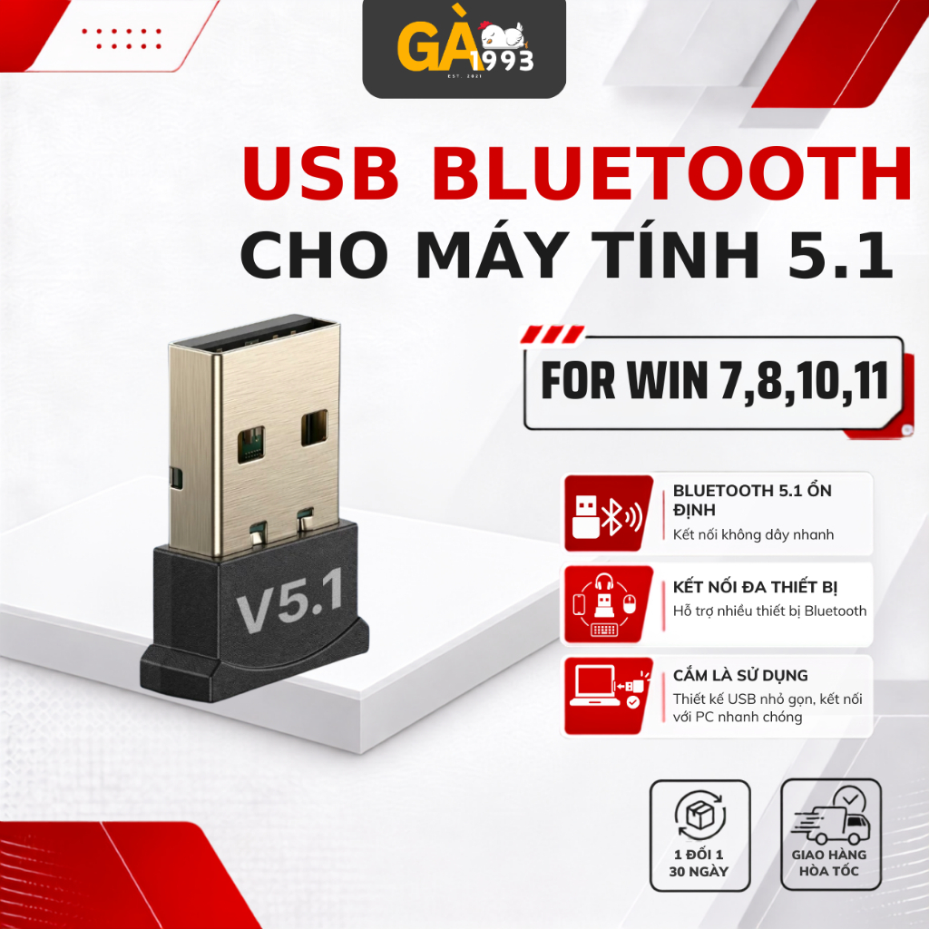 USB Bluetooth 5.1 dành cho PC - Bộ chuyển đổi Bluetooth USB nhỏ gọn tiện dụng - BCD