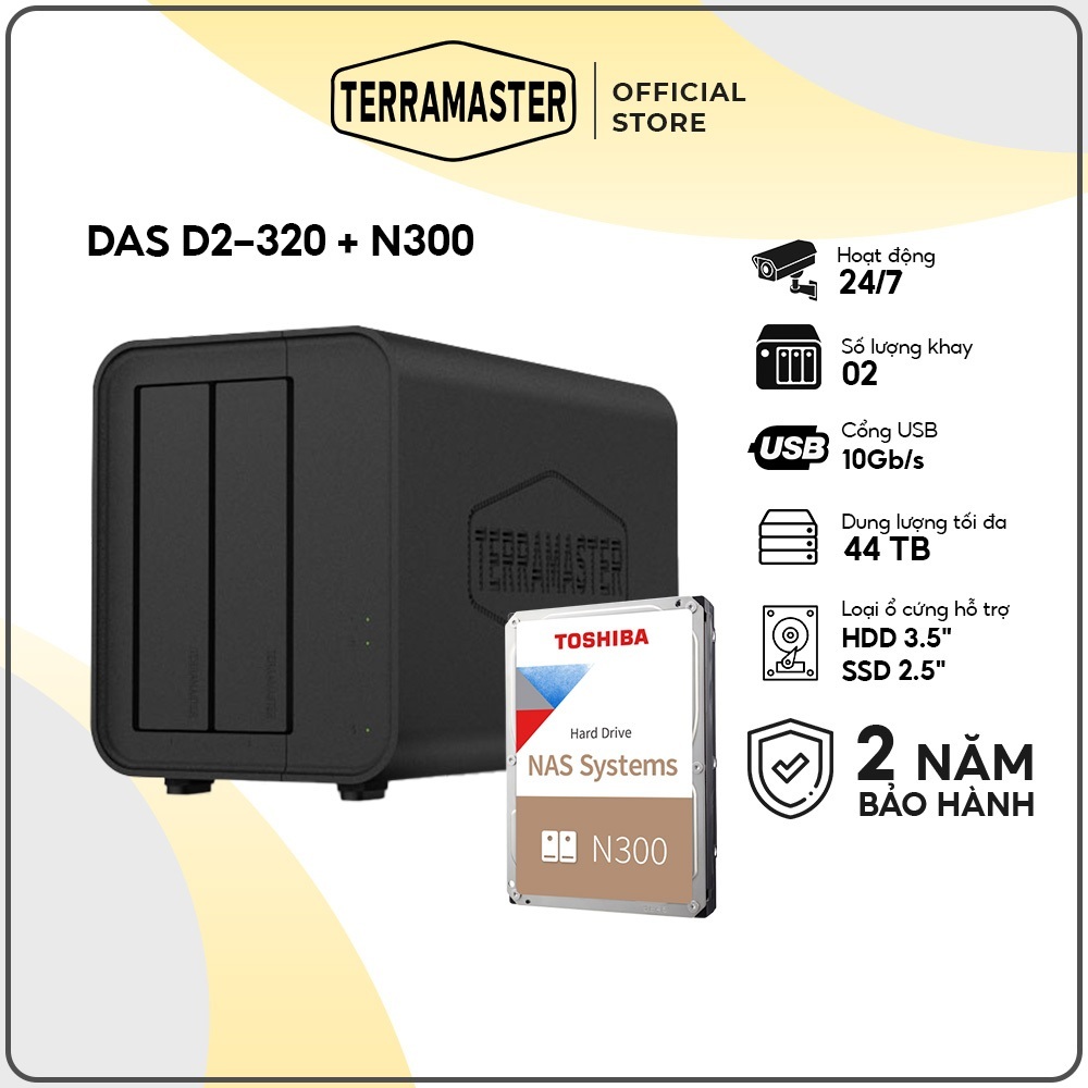 Combo thiết bị lưu trữ DAS TerraMaster D2-320 ( 2 bay ) và ổ cứng HDD Toshiba N300 Hoạt Động 24/7