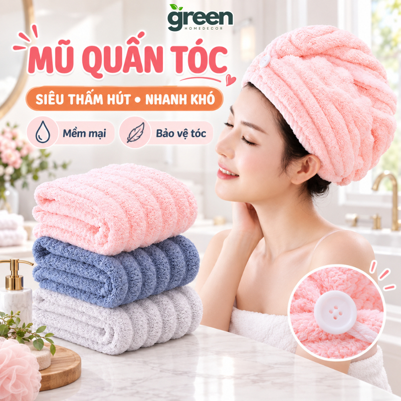 Mũ Quấn Tóc Siêu Thấm Hút Nhanh Khô GreenHome, Khăn Lau Tóc Dệt Sóng Nhanh Khô…