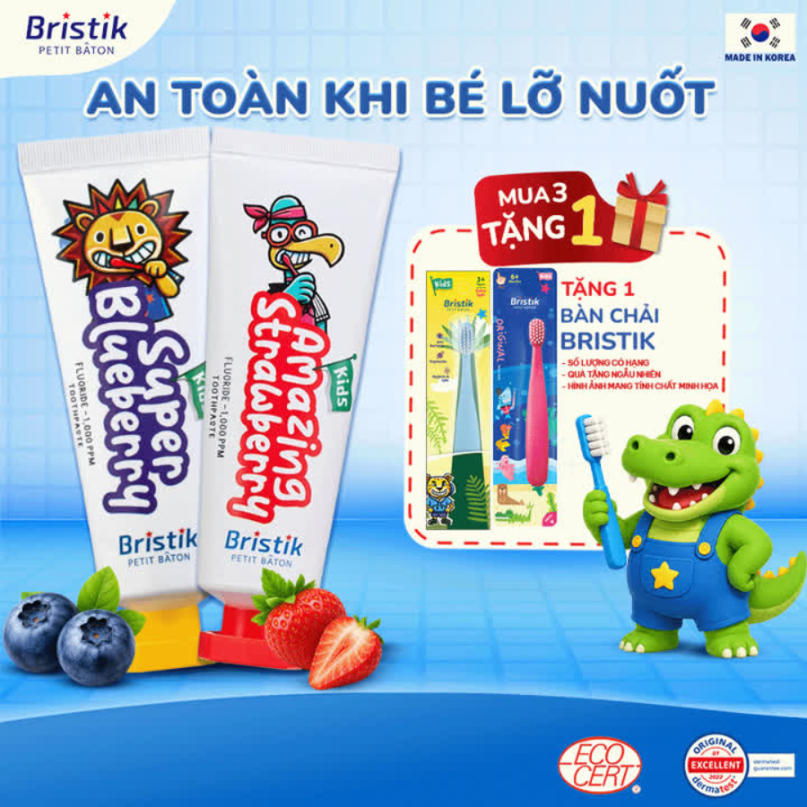 Kem Đánh Răng Cho Bé, Bristik Hàn Quốc, Kem Đánh Răng Trẻ Em Trên 1 Tuổi, Giúp Bé Chống Sâu Răng 50g