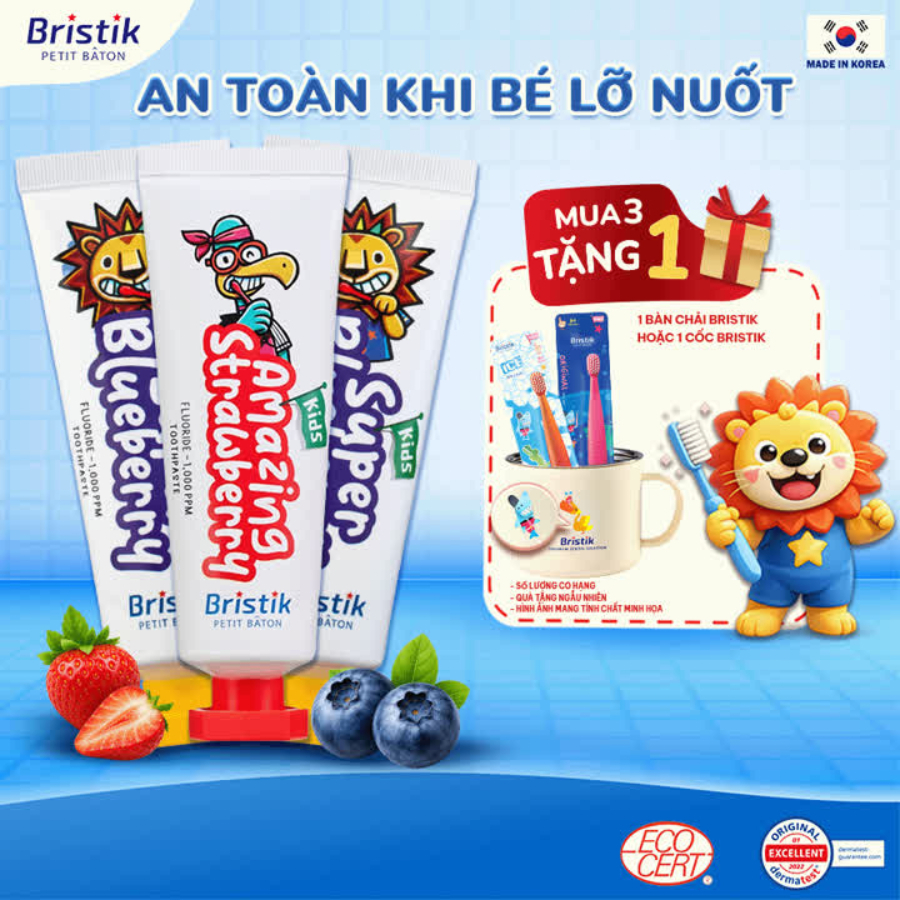 Kem Đánh Răng Cho Bé, Kem Đánh Răng Trẻ Em Trên 1 Tuổi Bristik Hàn Quốc, Giúp Ngăn Ngừa Sâu Răng 50g