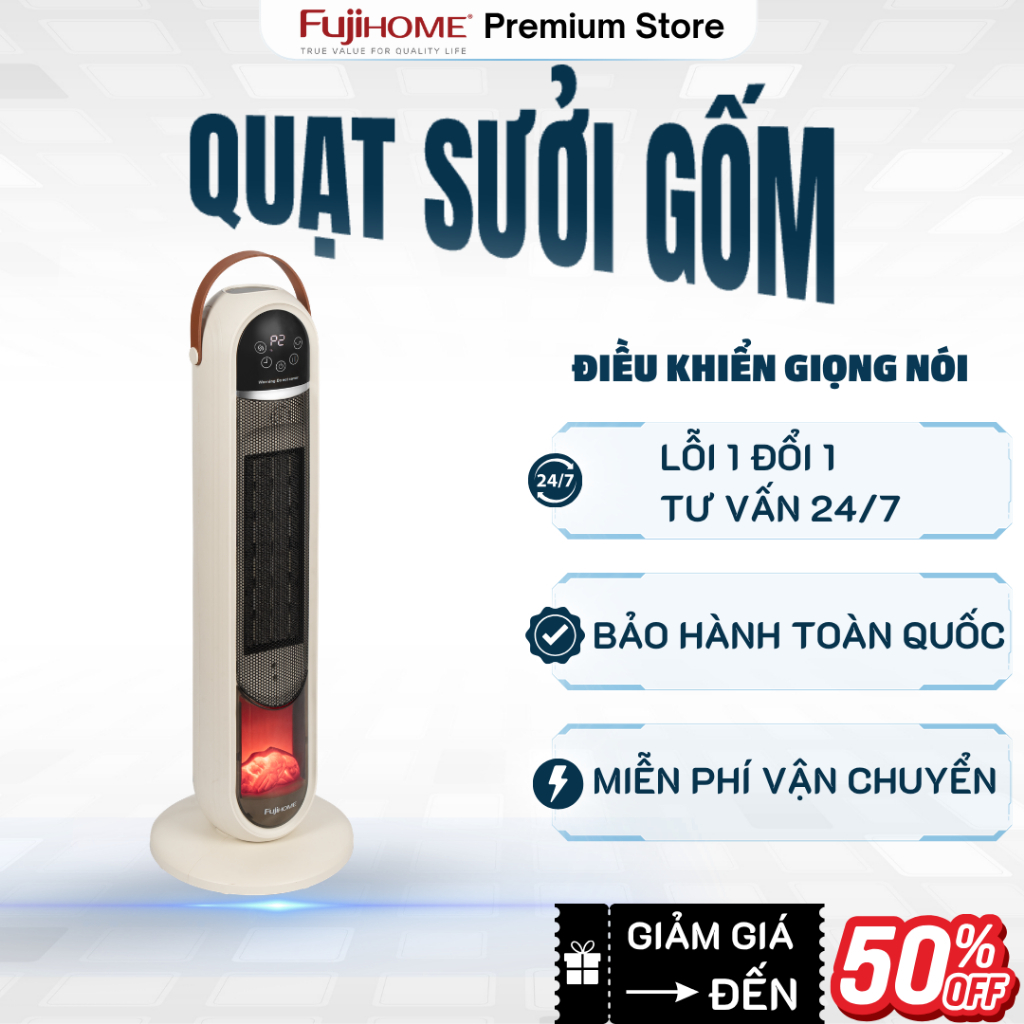 Quạt Sưởi Gốm Thông Minh Fujihome FH202 - Điều khiển giọng nói tiếng Việt -Cảm ứng, điều khiển từ xa
