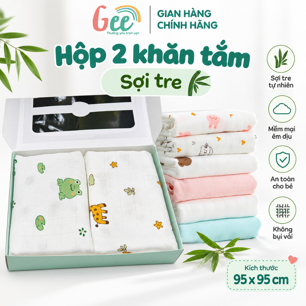 Khăn tắm sợi tre Gee 95x95cm, mềm mịn, an toàn, thấm hút, set 2 khăn ủ, quấn…