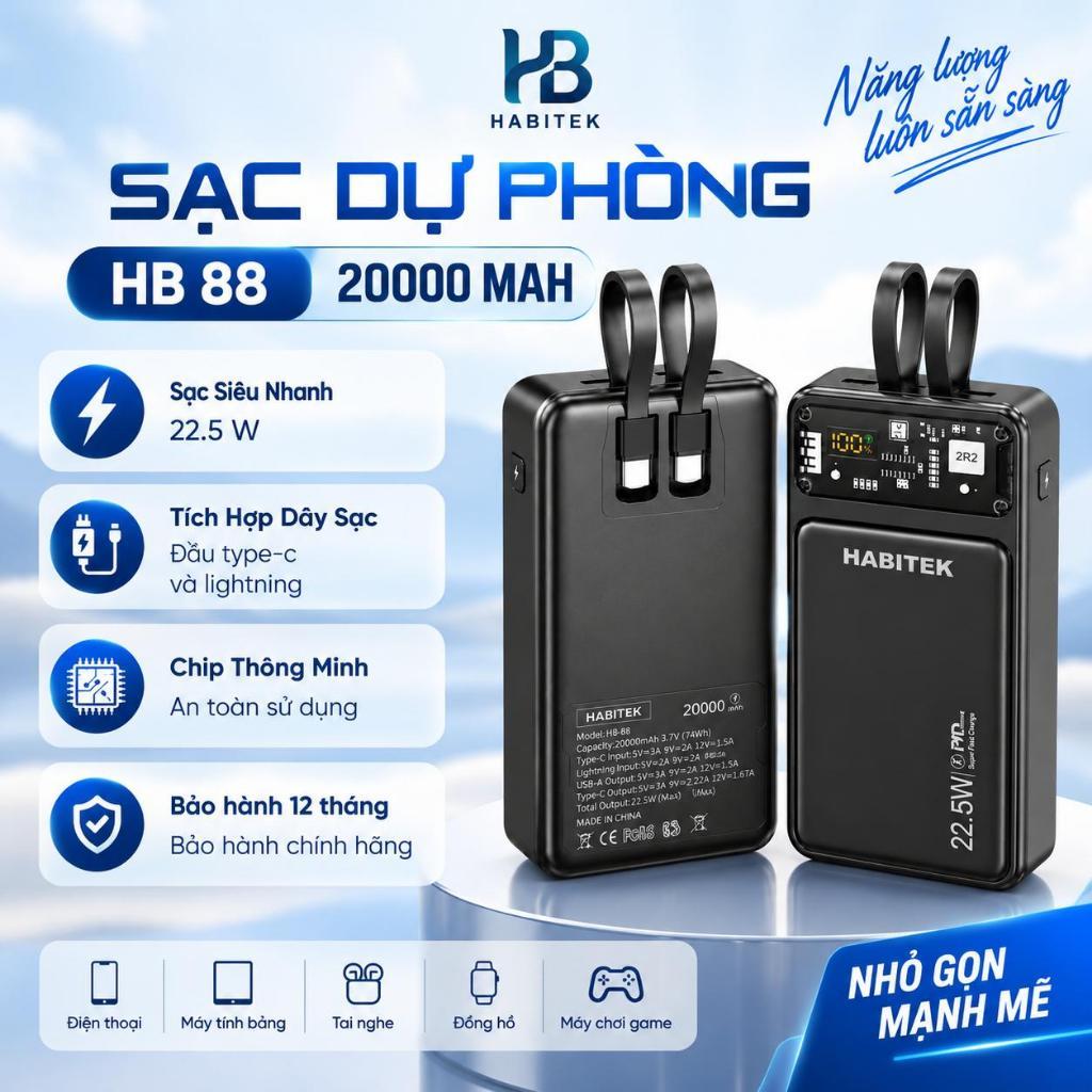 Pin Sạc Dự Phòng 20000mAh Habitek HB88 Sạc Nhanh 22.5W-100W Có Sẵn Cáp Sạc iPhone Samsung , Màn Hình