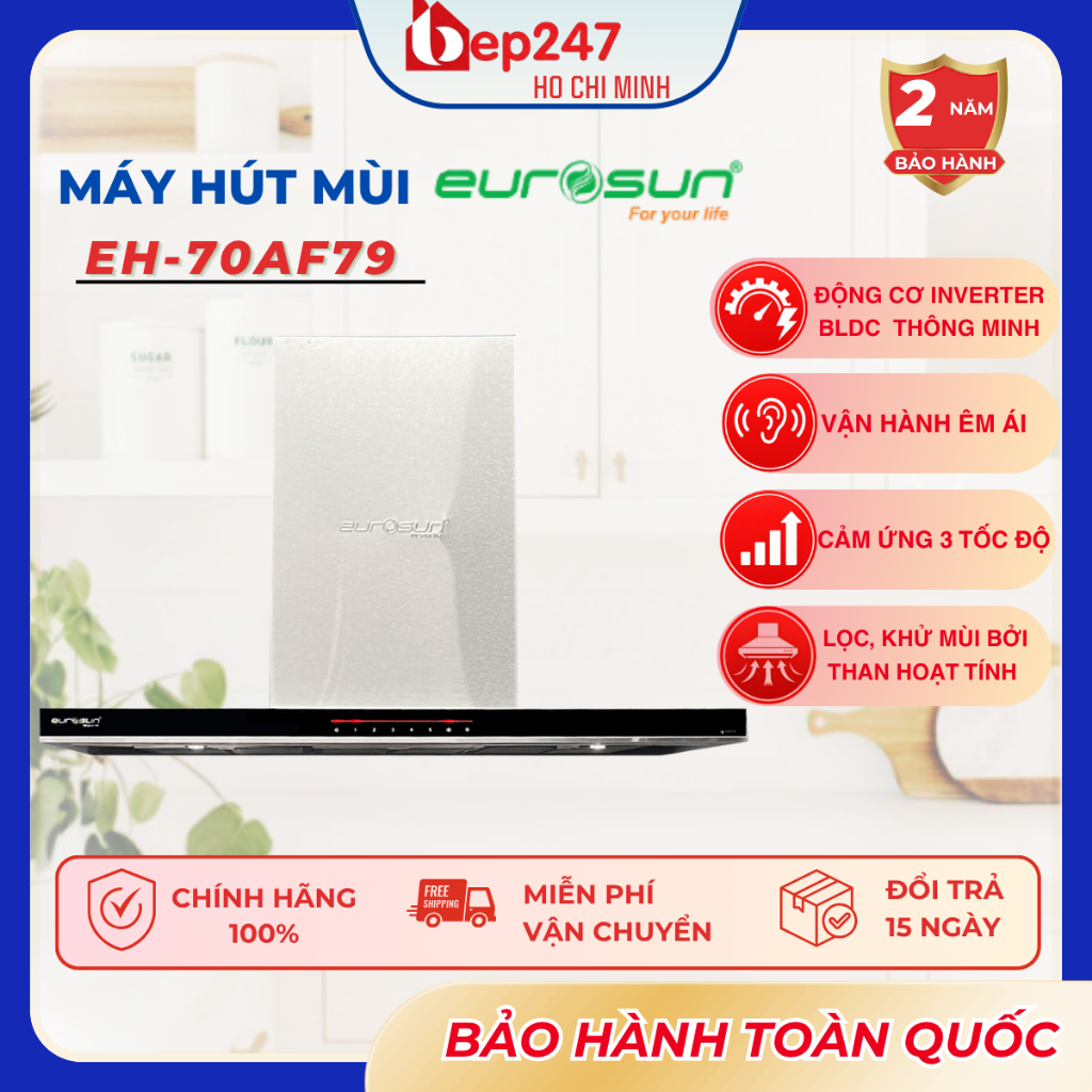 Máy Hút Mùi Eurosun EH-70AF79 T-Shape Tornado Inverter BLDC 980m3/h, Cảm Ứng 5 Tốc Độ, Khử Mùi Than 