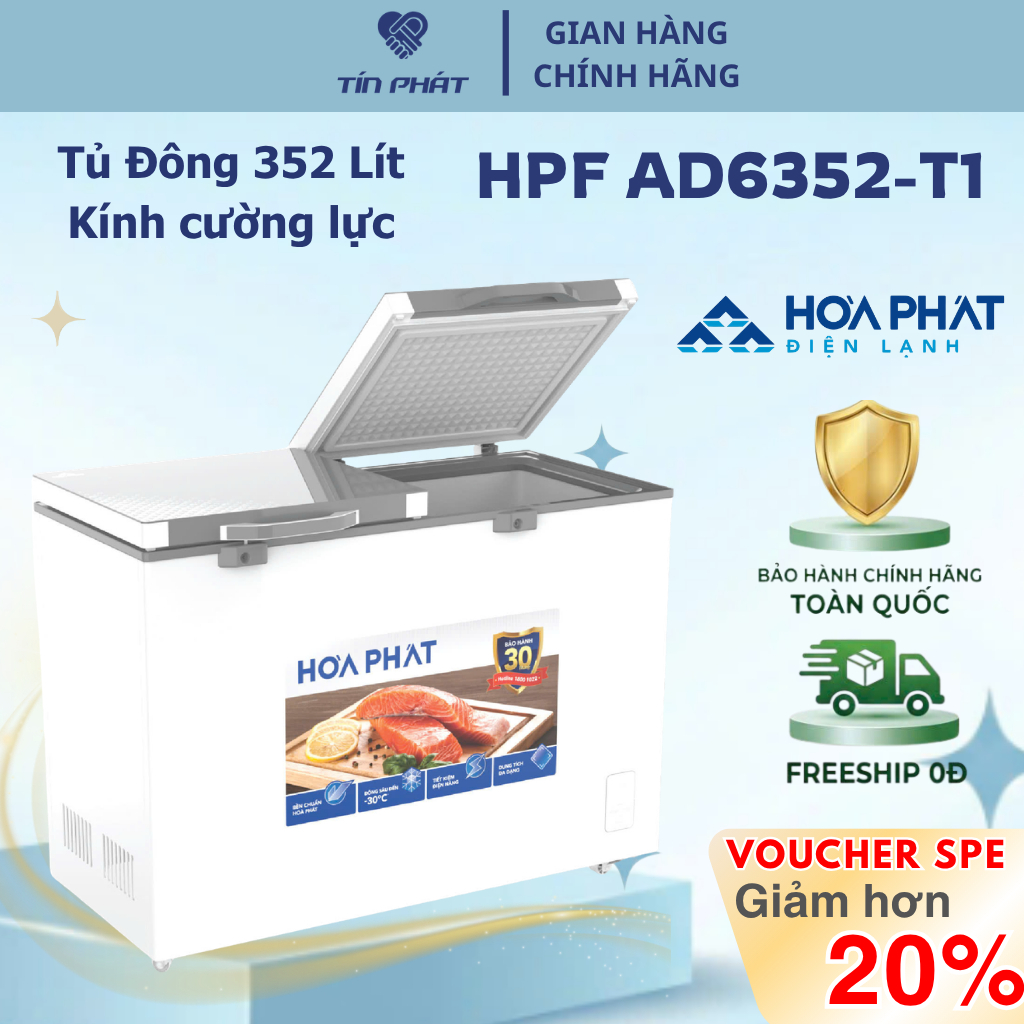 [Miễn phí giao lắp HN] Tủ đông Hòa Phát cánh kính 1 ngăn 2 cánh HPF AD6352.T1 – 352 lít - Hàng chính