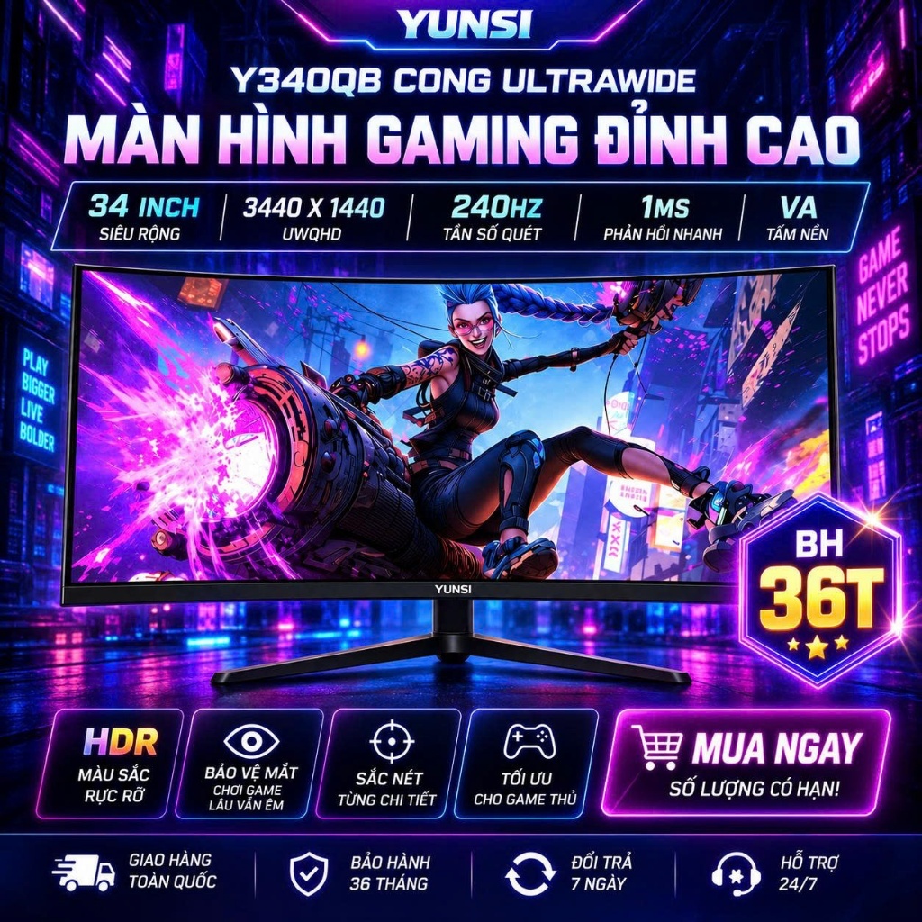 Màn hình cong Yunsi 4K Y340QB 34 inch 180hz 240hz 1ms điều chỉnh độ cao - Ultrawide New 34" in