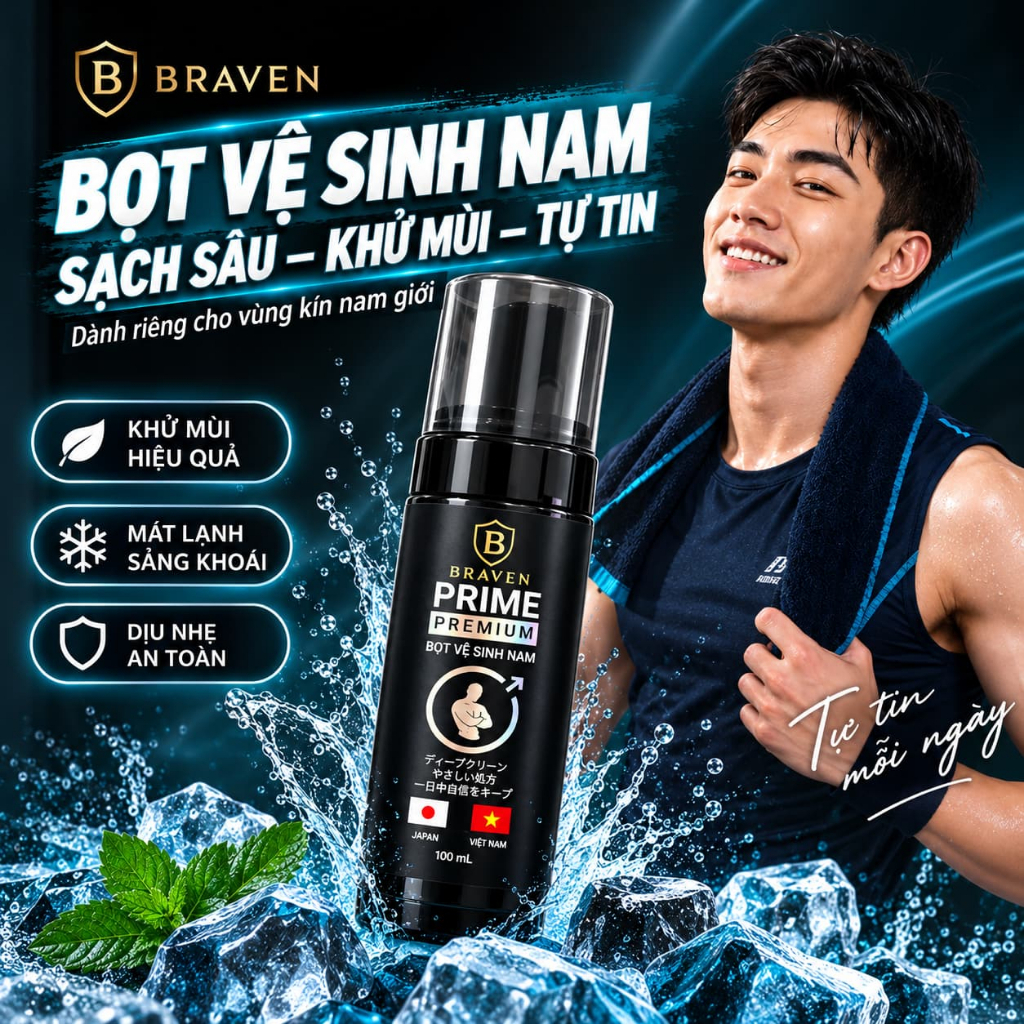 Bọt Vệ Sinh Nam BRAVEN PRIME PREMIUM 100ml | Sạch Thoáng Khử Mùi | Hương Nam Tính | Dùng Hằng Ngày