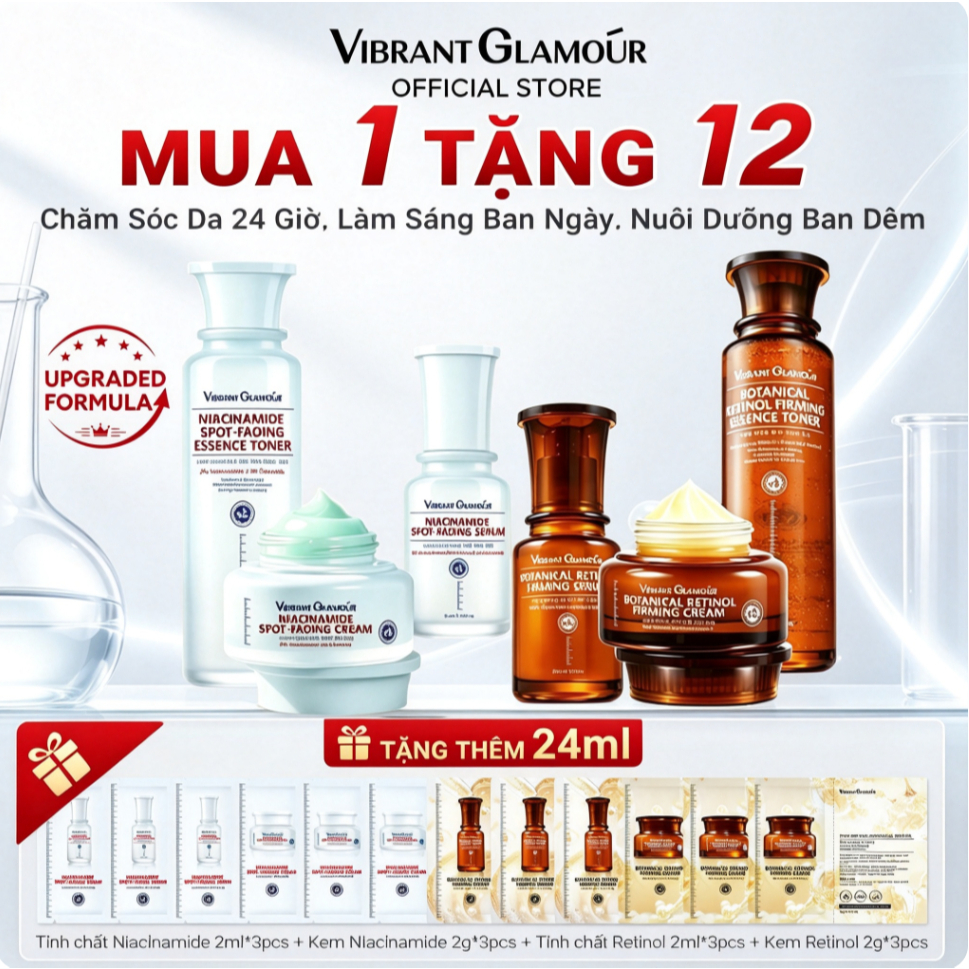 VIBRANT GLAMOUR Bộ 6 Sáng/Đêm 2.0 Niacinamide Sáng Dưỡng Trắng Mờ Thâm Retinol Tối Phục Hồi Chống Lão Hóa
