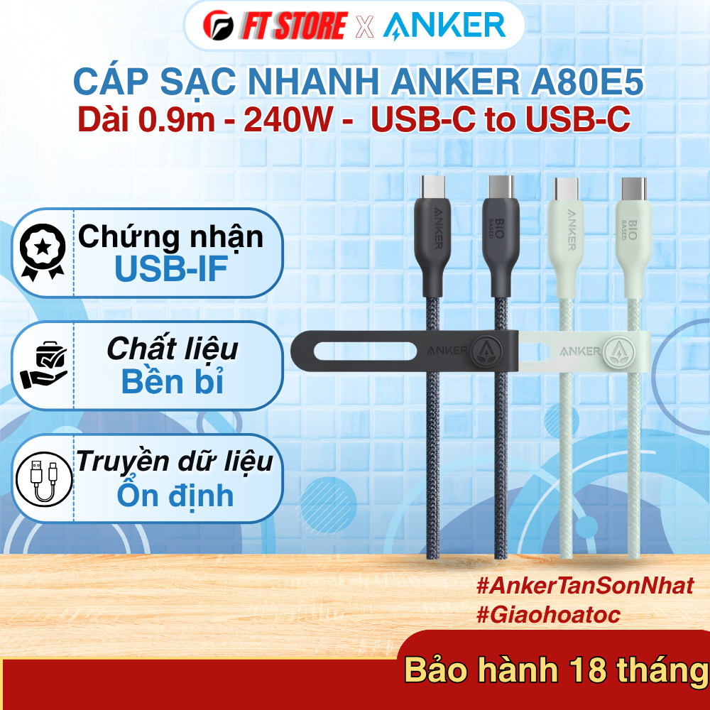 Cáp sạc nhanh và truyền dữ liệu Anker A80E5 240W, dây dài 90 cm, bền bỉ và thân thiện với môi trường