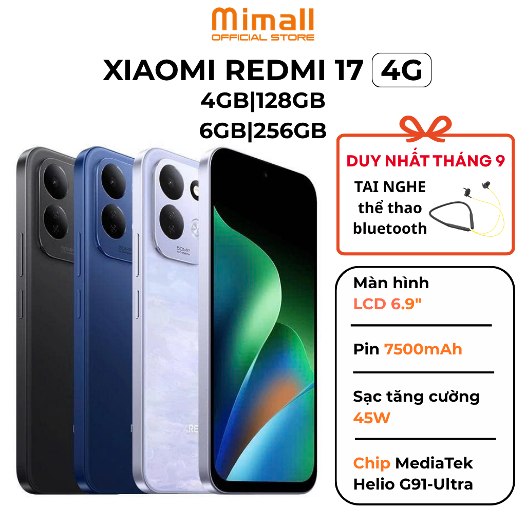 Điện thoại Xiaomi Redmi 17 [4GB|128GB - 6GB 256GB] | MediaTek Helio G91 Ultra 8 Nhân | Pin 7500mAh -