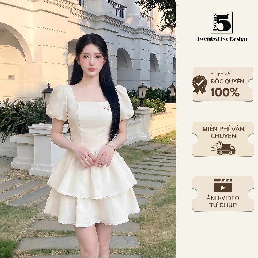 Đầm cổ vuông tay bồng dáng xòe 2 tầng phong cách tiểu thư sang trọng dự tiệc dạo phố - Twentyfive De