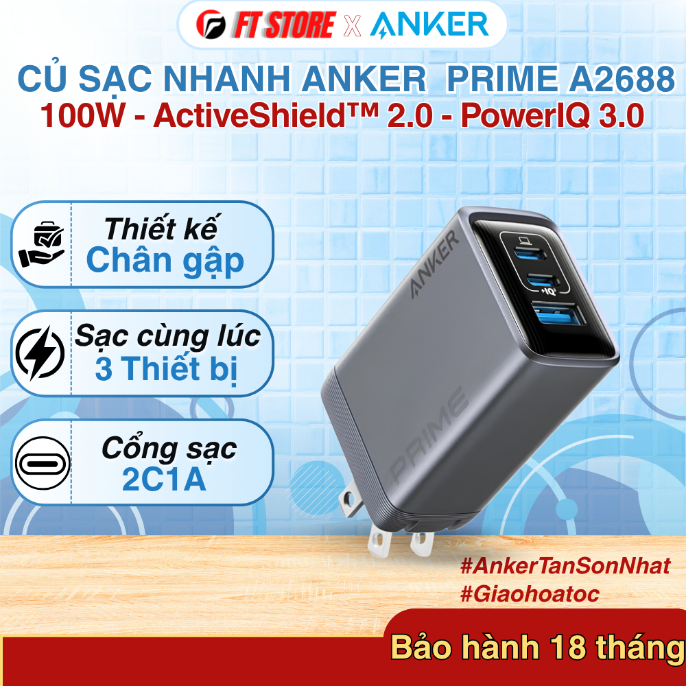 Củ sạc nhanh Anker A2688, công suất 100W, 2USB-C & 1USB-A, công nghệ GaN, hỗ trợ PD3.0/PPS2.0
