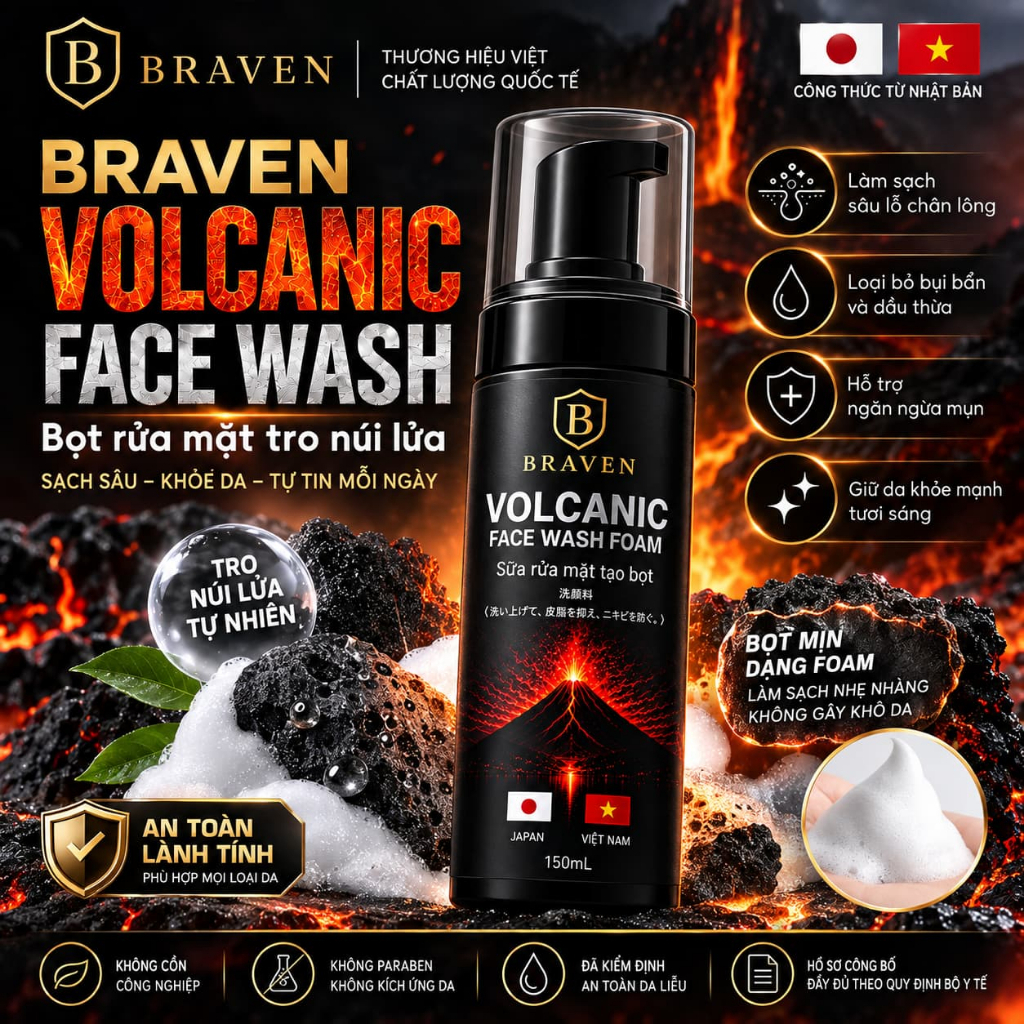 Bọt Rửa Mặt Nam BRAVEN VOLCANIC Tro Núi Lửa 150ml | Làm Sạch Sâu Kiềm Dầu Hỗ Trợ Ngừa Mụn