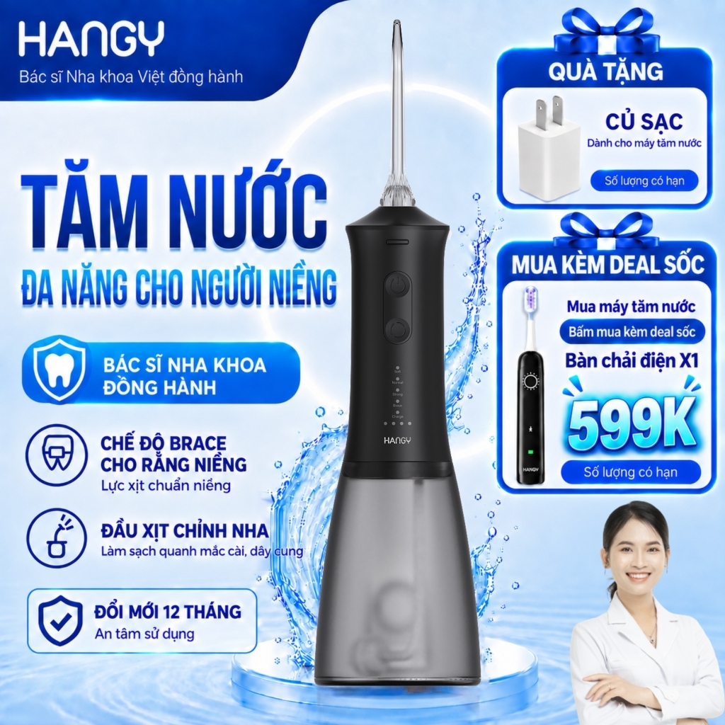 Máy tăm nước niềng HANGY HN26 & HG23 cầm tay làm sạch mắc cài kẽ răng, 4 chế độ, chống nước IPX7