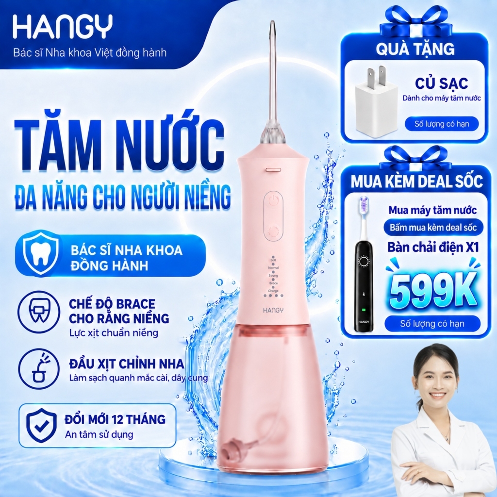Máy Tăm Nước Cầm Tay Cho Răng Niềng HG23 & HN26 - Pin Trâu, 4 Chế Độ - Đổi mới trong 12 tháng