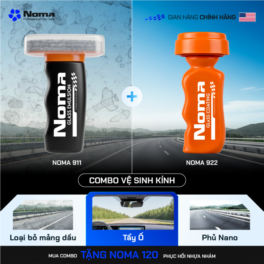 Combo Combo Vệ Sinh Tính và Chống Bám Nước Noma 911 922, Chăm Kính Xe Tại Nhà, Tẩy ố, Cặn Canxi
