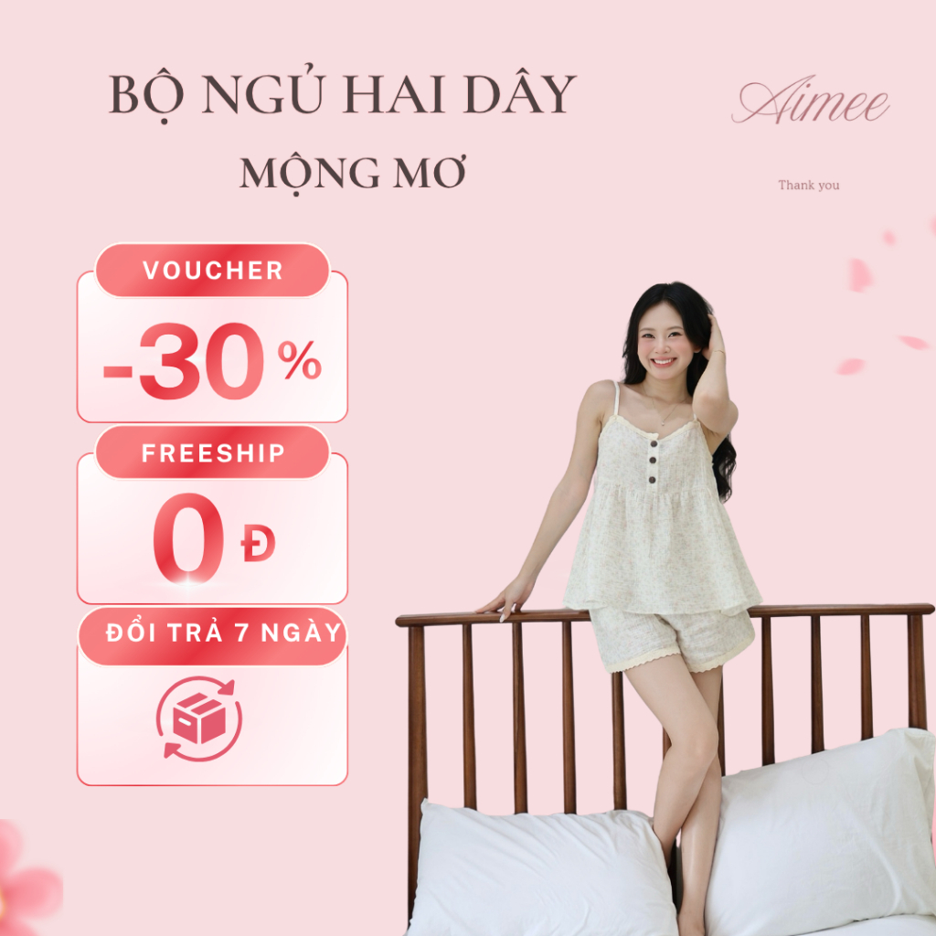 Bộ Đồ Ngủ 2 Dây Muslin Mộng Mơ AIMEE - Đồ Mặc Nhà Xô Muslin Cực Mát Dễ Thương