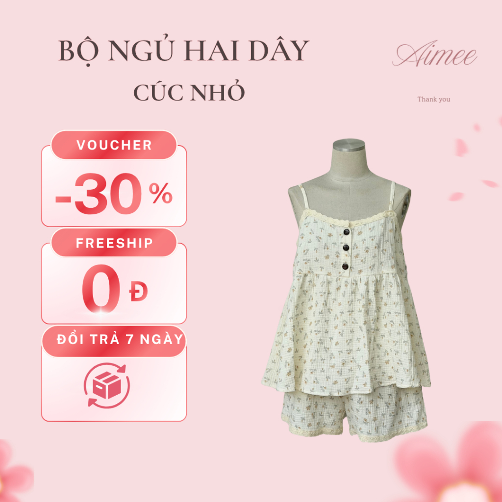 Bộ Đồ Ngủ 2 Dây Muslin Họa Tiết Cúc Nhỏ AIMEE - Đồ Mặc Nhà Xô Muslin Cực Mát Dễ Thương