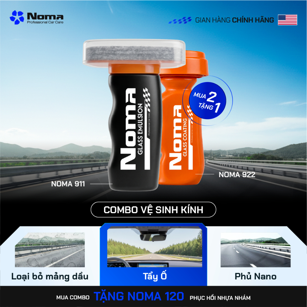 Combo Tẩy Ố Kính và Phủ Nano Kính Xe ô Tô Noma 911 + 922, Tẩy Sạch Ố Kính Phủ Nano Chống Bám Nước