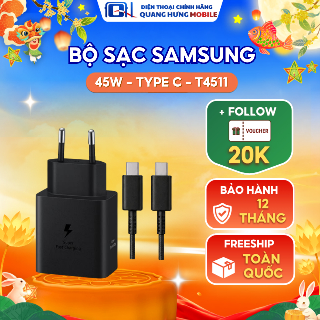 Bộ sạc nhanh Type-C PD 45W Samsung EP-T4511 kèm cáp Type C - Type C - Hàng Chính Hãng