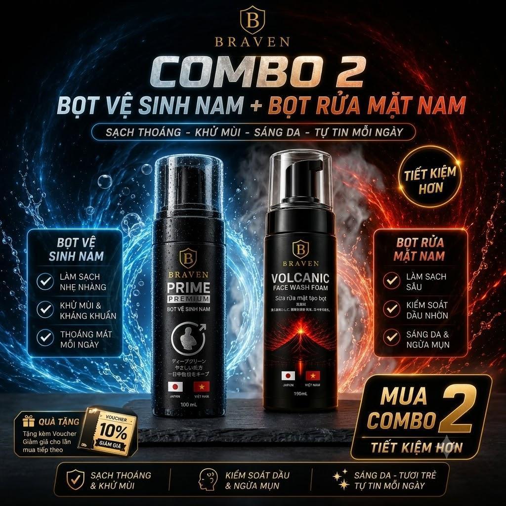 [COMBO 2] BRAVEN Bọt Rửa Mặt Nam VOLCANIC 150ml + Bọt Vệ Sinh Nam PRIME PREMIUM 100ml | Sạch Sâu, Ki