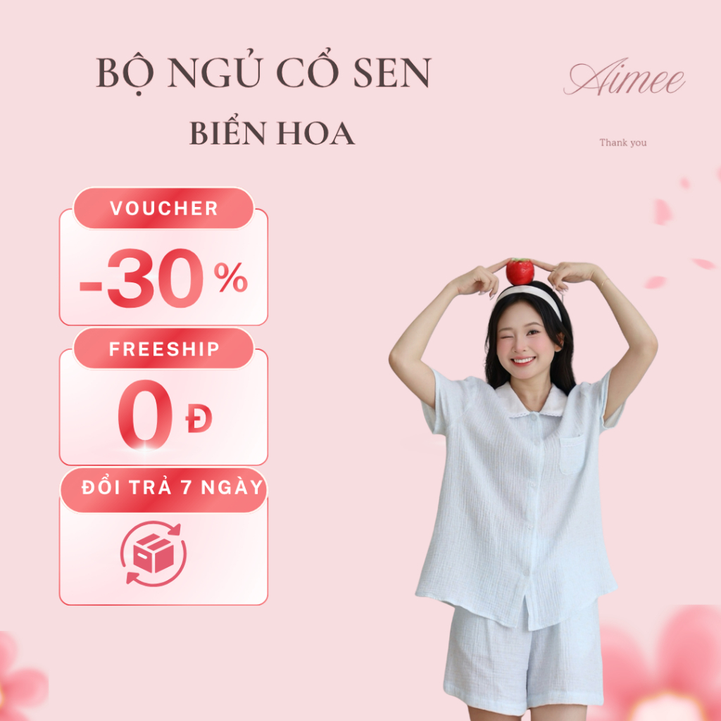 Bộ Đồ Ngủ Muslin Cổ Sen Họa Tiết Biển Hoa AIMEE - Đồ Mặc Nhà Xô Muslin Dễ Thương Thoáng Mát