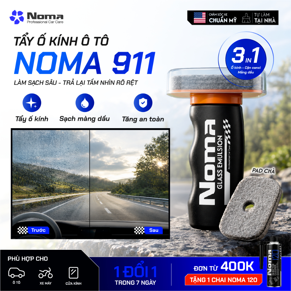 Dung Dịch Tẩy Ố Kính Ô Tô NOMA 911 100g – Tẩy Cặn Canxi, Màng Dầu, Lớp Nano Cũ, Làm Sạch Kính Xe