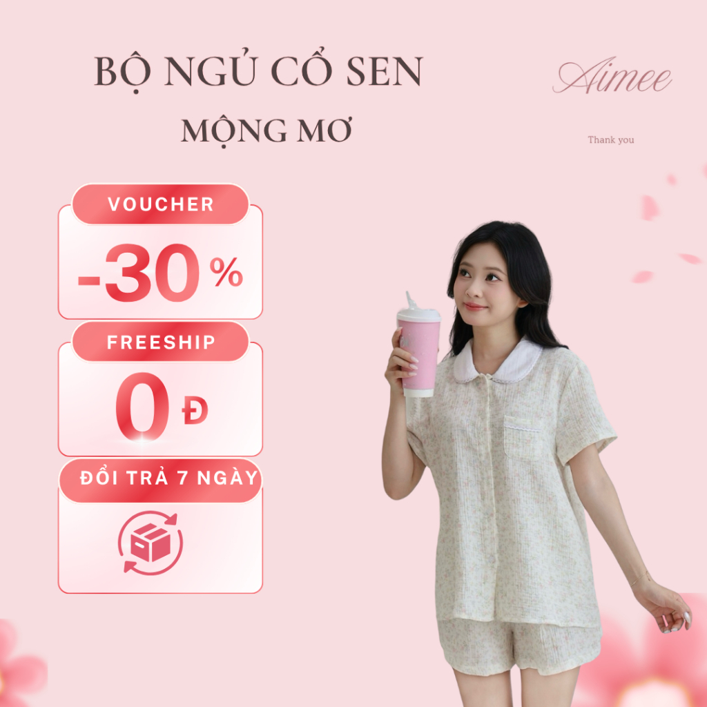 Bộ Đồ Ngủ Muslin Cổ Sen Mộng Mơ AIMEE - Đồ Mặc Nhà Xô Muslin Dễ Thương Thoáng Mát
