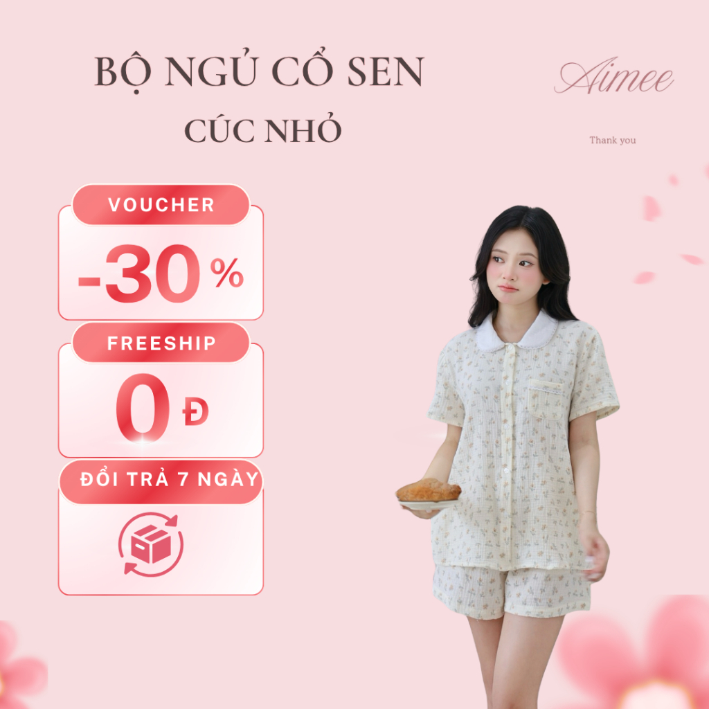 Bộ Đồ Ngủ Muslin Cổ Sen Họa Tiết Cúc Nhỏ AIMEE - Đồ Mặc Nhà Xô Muslin Dễ Thương Thoáng Mát