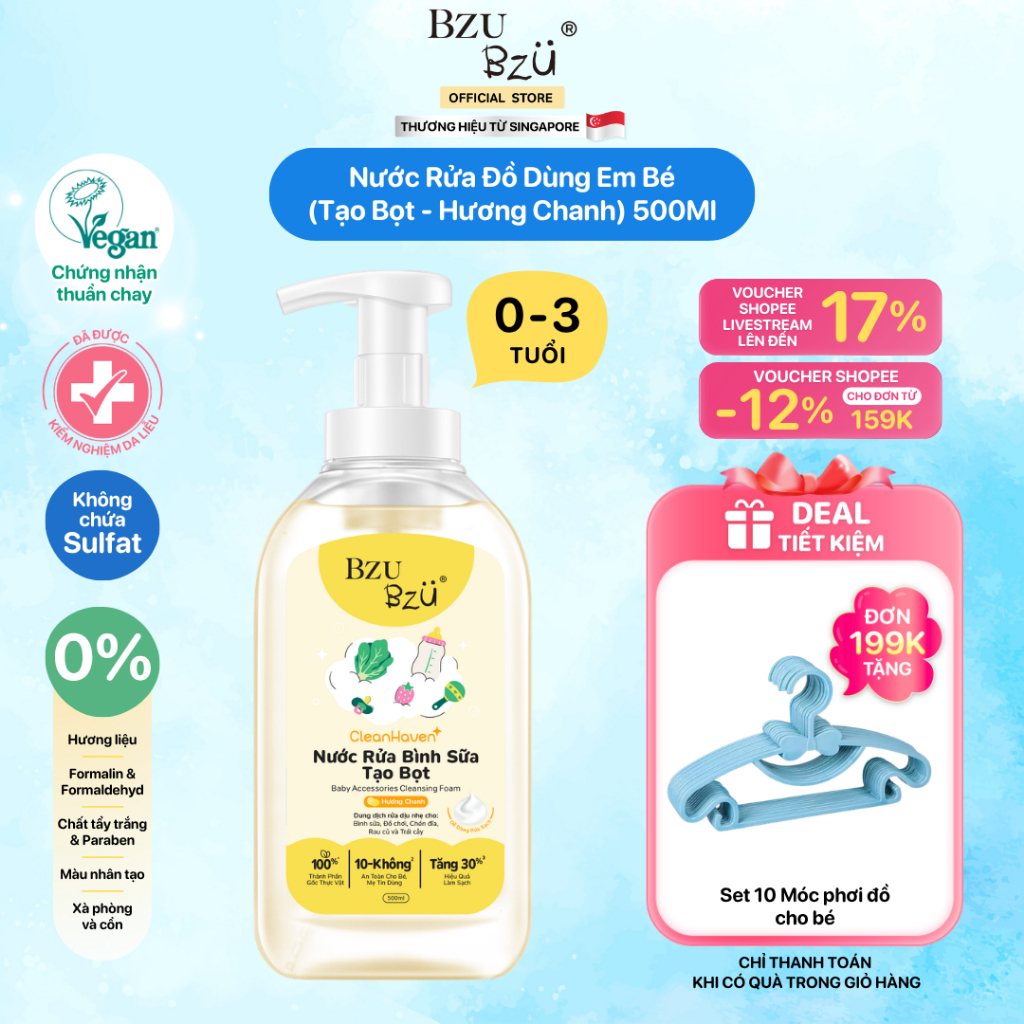 [Phiên bản mới] Nước Rửa Bình Sữa, Rau Củ Và Đồ Dùng Em Bé Thuần Chay BZU BZU Cleansing Foam CleanHa