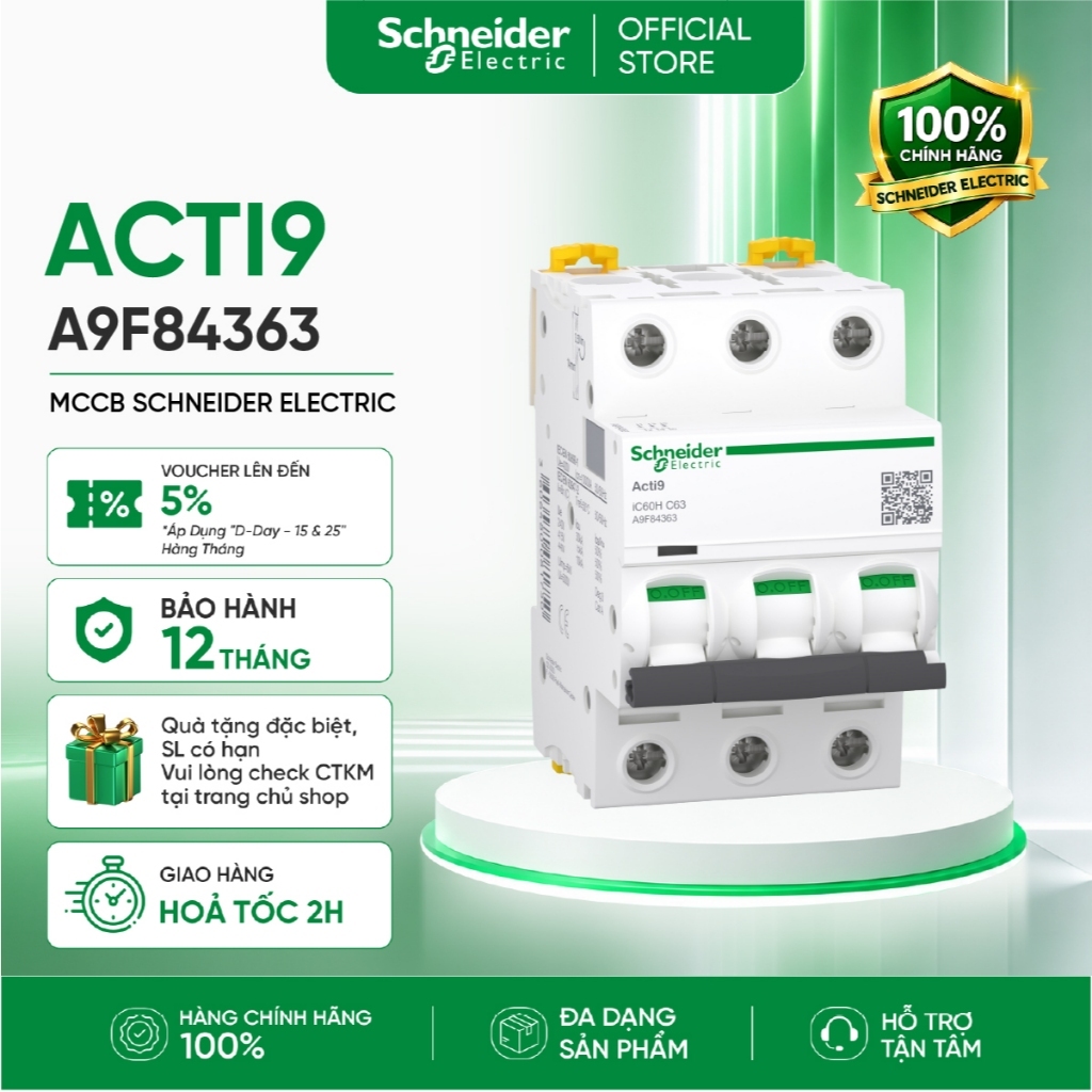 Cầu dao MCB 3P 10kA  Acti9 Schneider A9F84306 A9F84310 A9F84316 A9F84320 A9F84325 A9F84332 A9F84340 