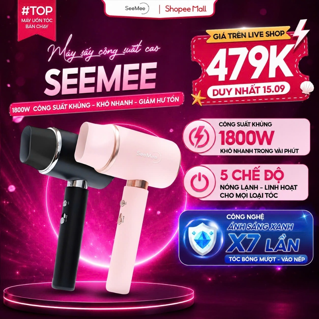 [GIÁ 474K TẠI LIVE SHOP] Máy sấy tóc nóng lạnh công suất cao Seemee, sấy khô và tạo kiểu nhanh chóng