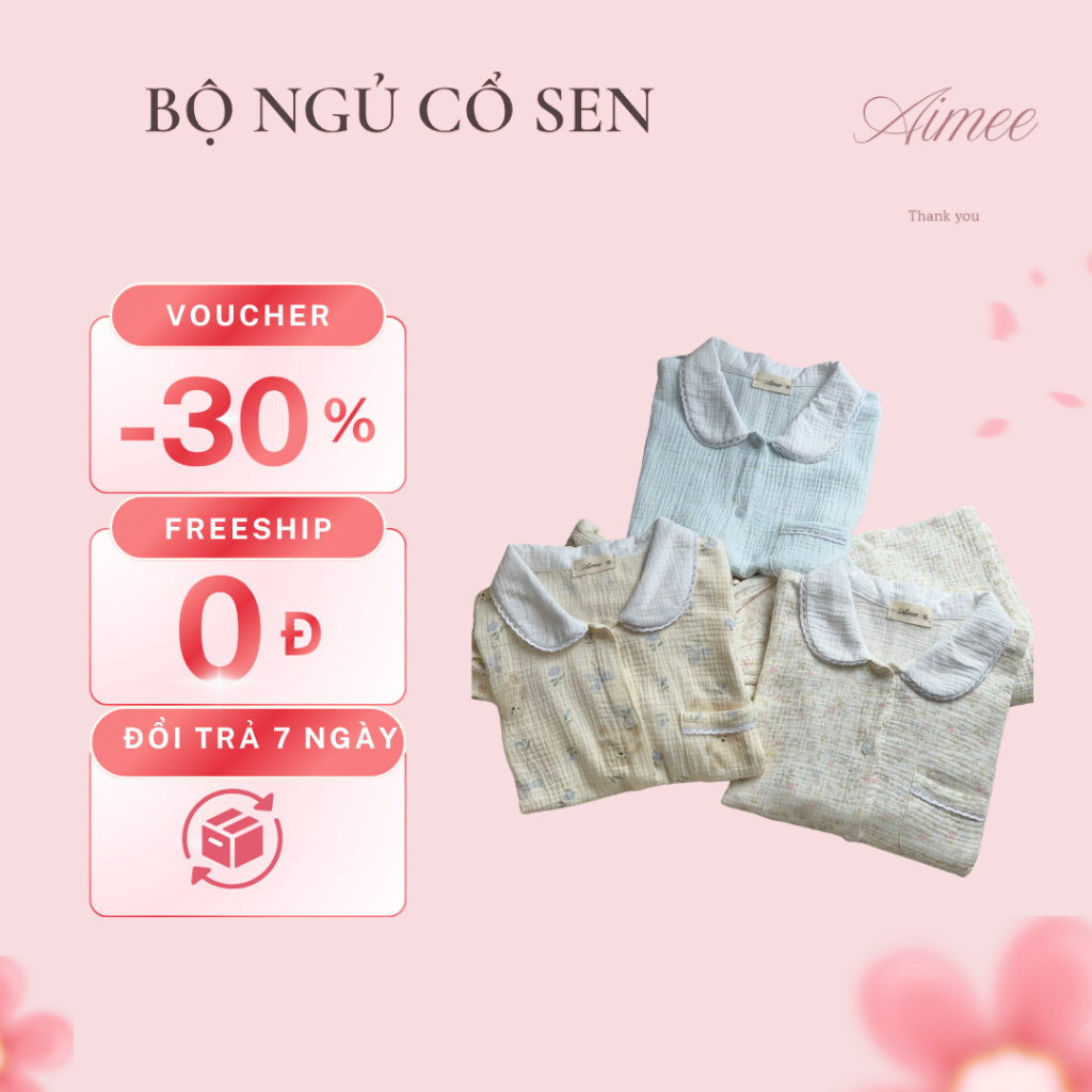 Bộ Đồ Ngủ Muslin Cổ Sen AIMEE - Đồ Mặc Nhà Xô Muslin Dễ Thương Thoáng Mát