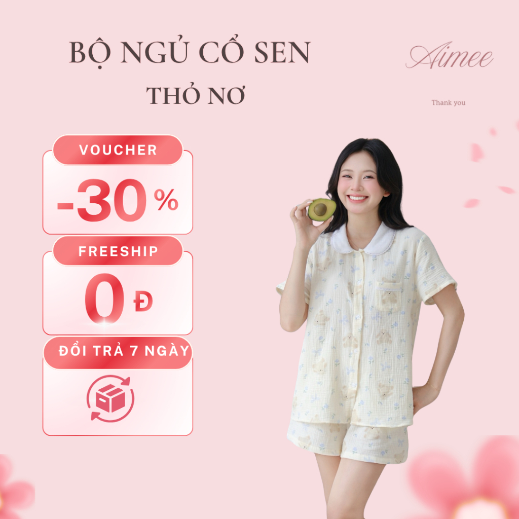 Bộ Đồ Ngủ Muslin Cổ Sen Họa Tiết Thỏ Nơ  AIMEE - Đồ Mặc Nhà Xô Muslin Dễ Thương Thoáng Mát