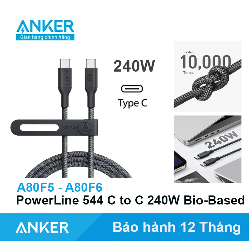 Cáp sạc nhanh & truyền dữ liệu Anker 543 A80E5 USB-C to USB-C 240W Nylon bọc dù siêu bền . Bảo hành 