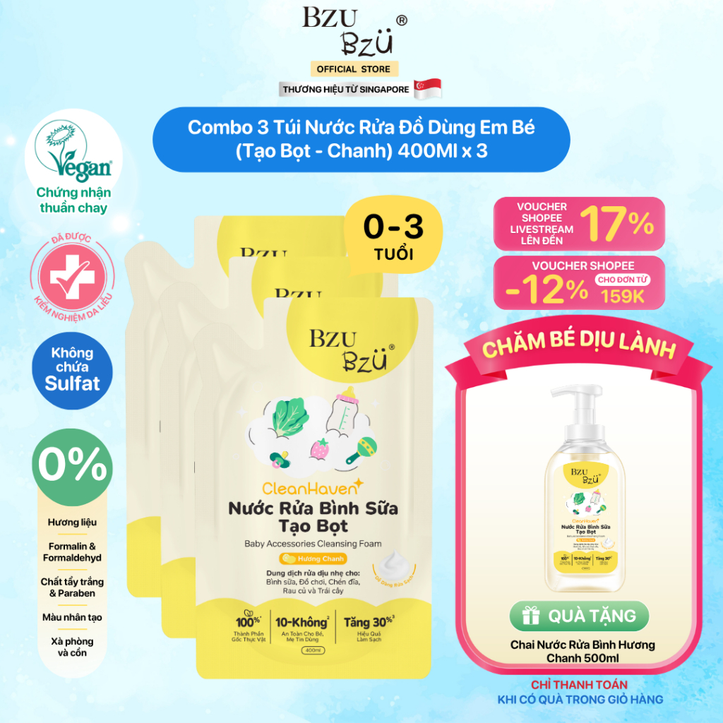 [Phiên bản mới] Combo 3 Túi Nước Rửa Bình Sữa Và Đồ Dùng Em Bé Thuần Chay BZU BZU CleanHaven Tạo Bọt