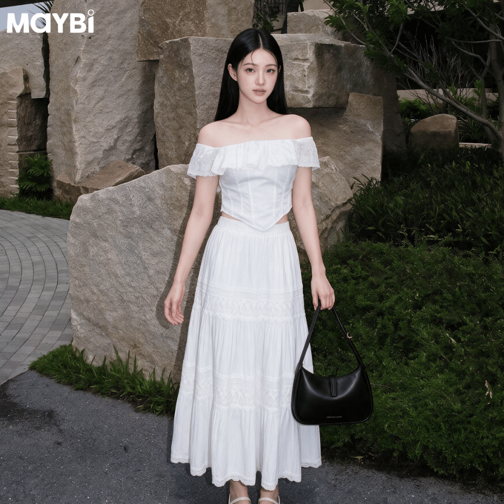 MAYBI Chân Váy Dáng Dài Cotton Phối Ren Elara