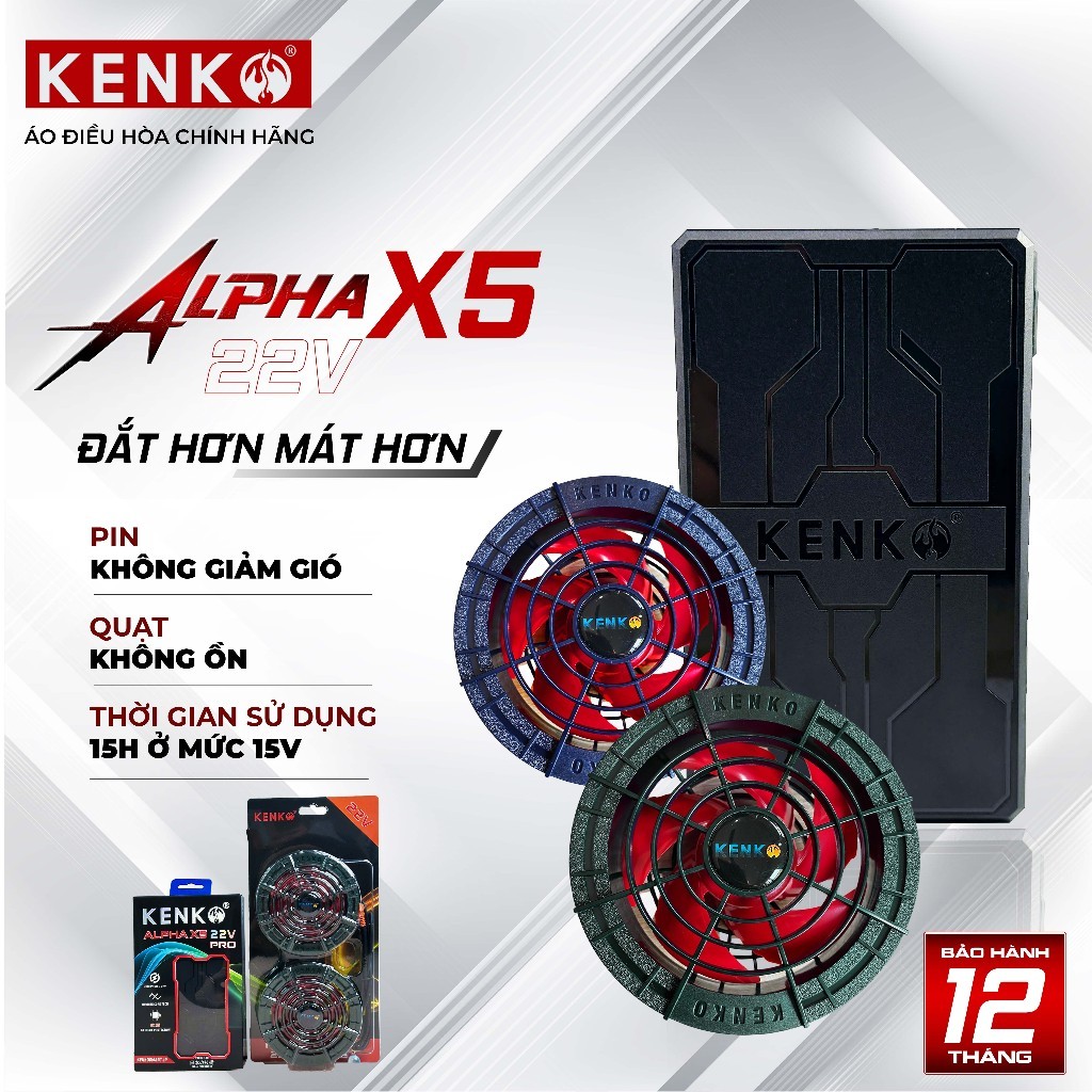 Pin Quạt Áo Điều Hòa KENKO Alpha X5 22V 24000mAh, Quạt Không Chổi Than Gió Mạnh, Chạy Êm, Dùng 8-15 
