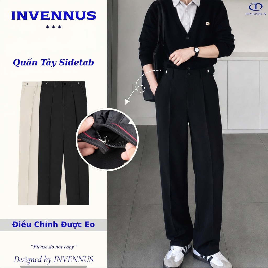 Quần tây nam có đai chỉnh eo ống suông INVENNUS, quần âu Sidetab ống rộng dáng suông Hàn Quốc 308