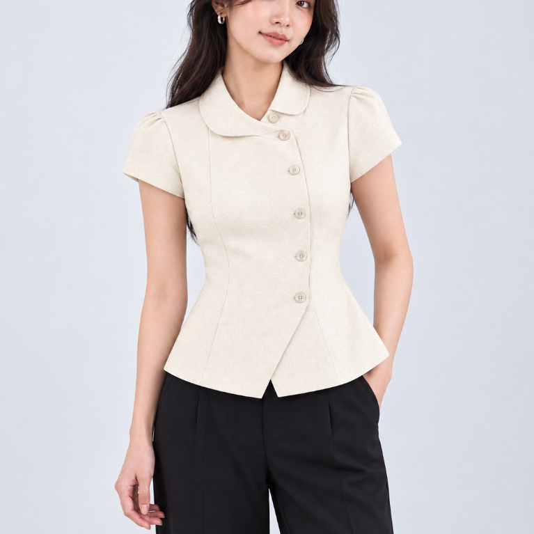 Sơ Mi Cổ Sen Nữ Tay Ngắn Gài Nút Lệch Cách Điệu Đi Làm Công Sở GAGO Brand Bigsize Thanh Lịch Form Fi