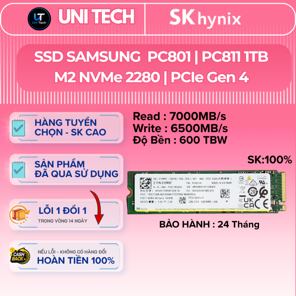 Ổ Cứng SSD M2 NVMe PCIe Gen 4.0 1TB SK Hynix PC801 | PC811 tốc 7000MB/s có Dram | Used