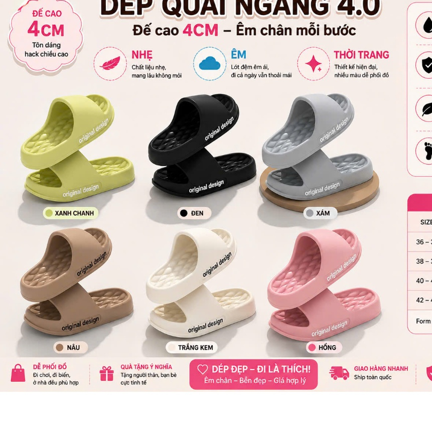 DÉP QUAI NGANG 4.0 ĐẾ CAO 4CM – ÊM CHÂN, CHỐNG TRƠN, THỜI TRANG DP203